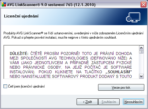 3.2. Licenční ujednání V tomto dialogu najdete plné znění závazné licenční smlouvy AVG LinkScanner.