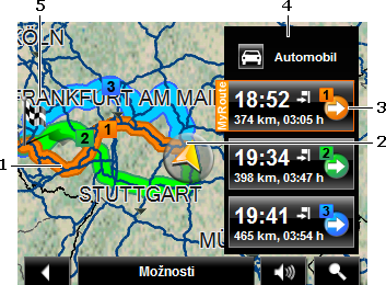 1 Je-li aktivována funkce MyRoutes, zobrazí se na mapě až tři očíslované trasy v různých barvách (oranžová, zelená, modrá).