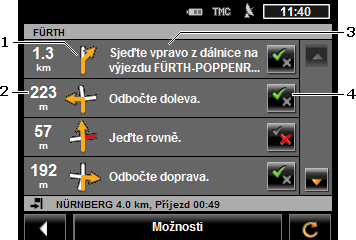 1 Schematické zobrazení příští křižovatky, na které máte odbočit. 2 Vzdálenost k této křižovatce. 3 Jízdní pokyn a příp. název ulice, do které máte odbočit.