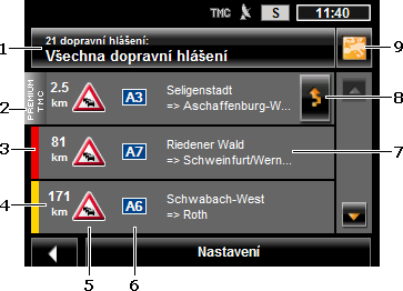 1 Tlačítko dopravní hlášení ukazuje, který druh dopravních informací se zobrazuje v seznamu a kolik je dostupných informací tohoto druhu.