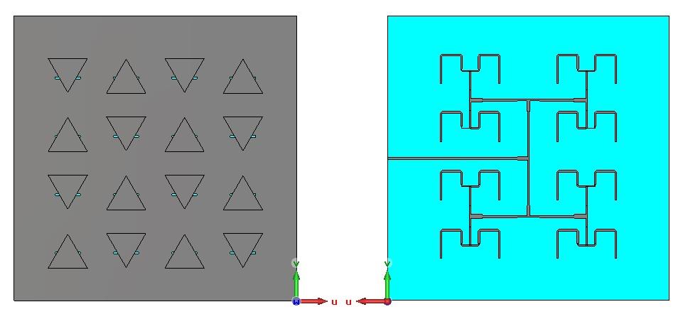 6 Návrh anténní řady Finální model anténní řady byl vytvořen spojením modelu s šesnácti prvky a modelu dělícího vedení. Dělící vedení bylo umístěno na zadní stranu substrátu šesnácti prvkového.