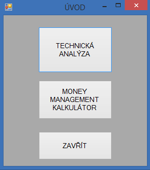 4 Vlastní návrh řešení 4.1 Popis aplikace Vytvořil jsem jednoduchou aplikaci, která by měla plnit funkci podpůrného nástroje pro technickou analýzu. Program je napsán v jazyce Visual Basic. NET (VB.