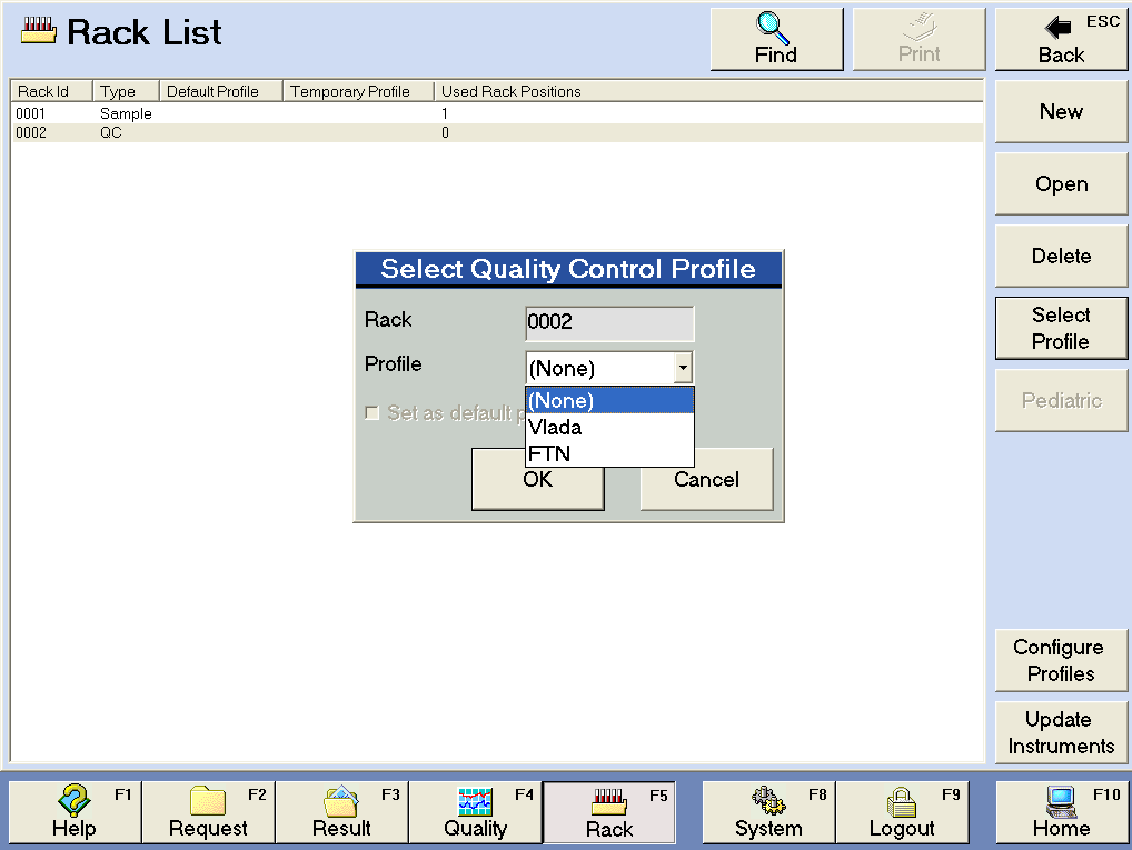 4.Přiřazení profilu ke QC racku V Rack list označit QC rack a stisknout tlačítko Select profile a objeví se rozbalovací nabídka s možnostmi: - No profile selected - Default