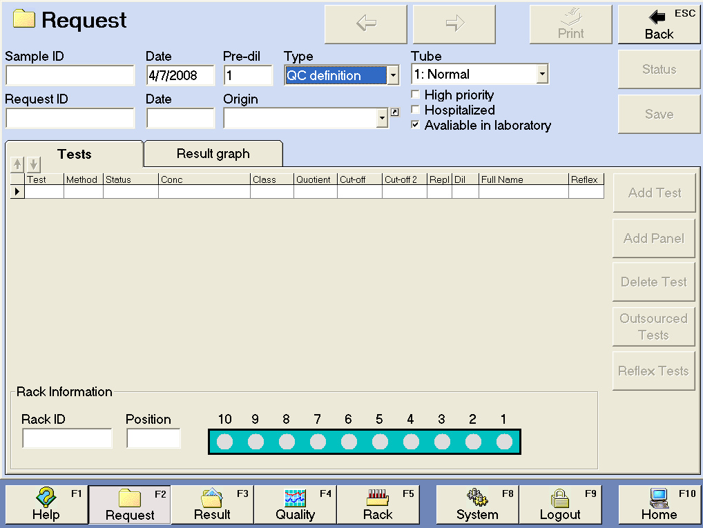 2.Vytvořit QC request Request New 3.Do políčka Sample Id zadat jméno Lab QC (tak jak bylo zadáno do Systém Articles) 4.