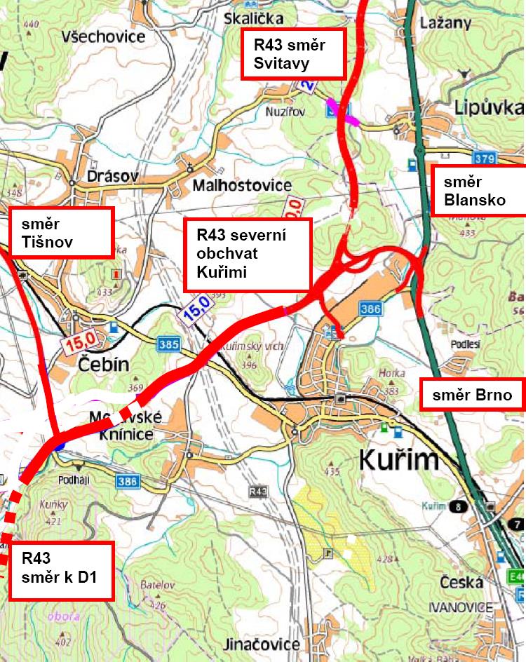 Optimalizované vedení R43 - možný základ pro konsensus Zcela se vyhýbá Brnu, Rozdrojovicím, Jinačovicím,