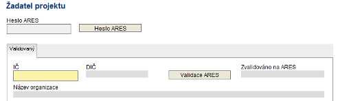 Pokud nefunguje Validace ARES nebo žadatel nemá IČ, je třeba, aby žadatel kontaktoval pracovníky Úřadu Regionální rady a požádal je o zaslání hesla, které poté vyplní do pole Heslo ARES.