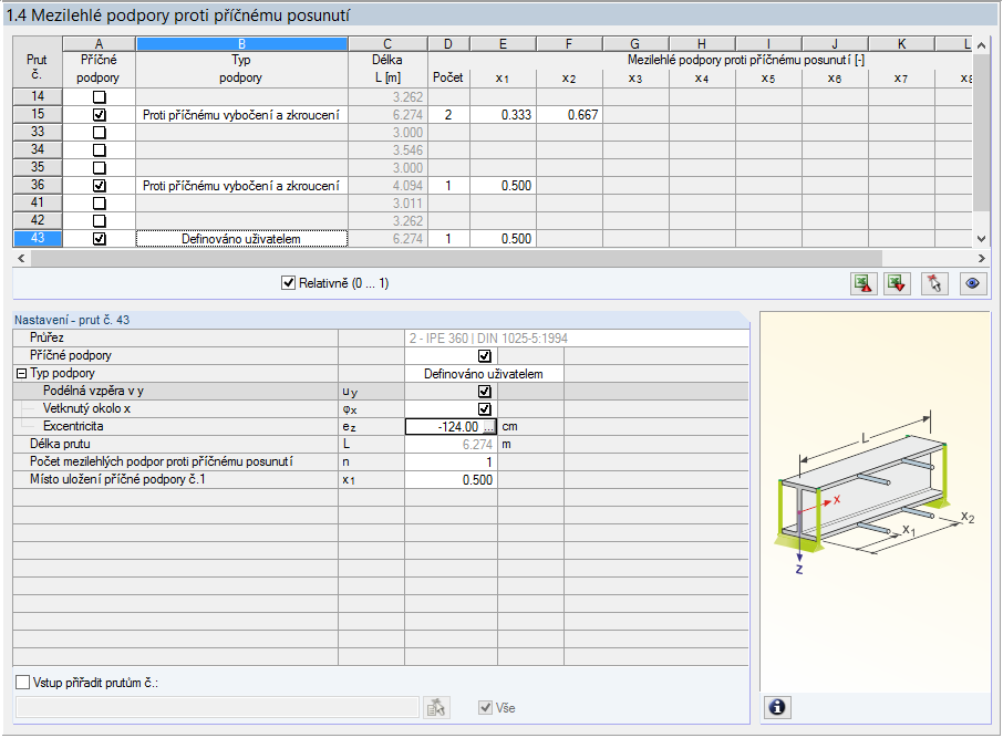 2 Vstupní data 2.4 Mezilehlé podpory proti příčnému posunutí V dialogu 1.4 může uživatel definovat na prutech mezilehlé podpory proti příčnému posunutí.