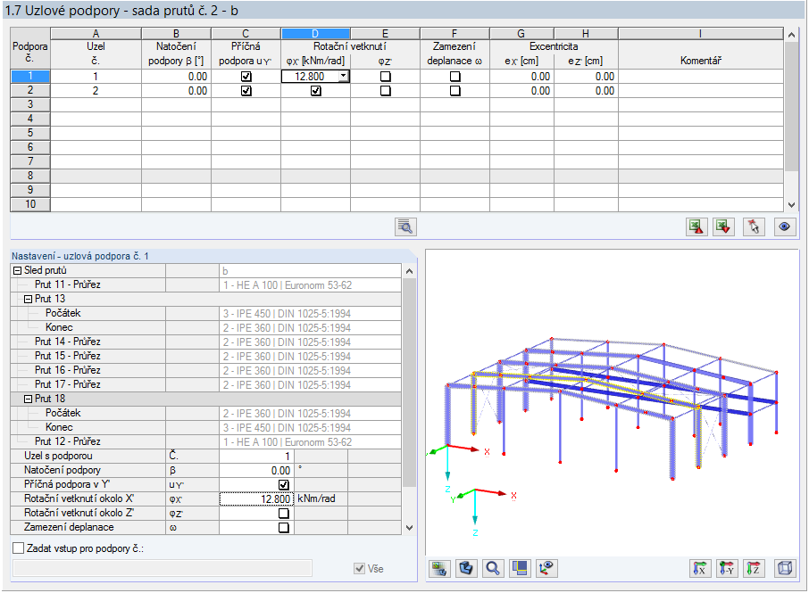 2 Vstupní data 2.7 Uzlové podpory sady prutů Také tento dialog máme k dispozici pouze v případě, že jsme v dialogu 1.1 Základní údaje vybrali k posouzení alespoň jednu sadu prutů.