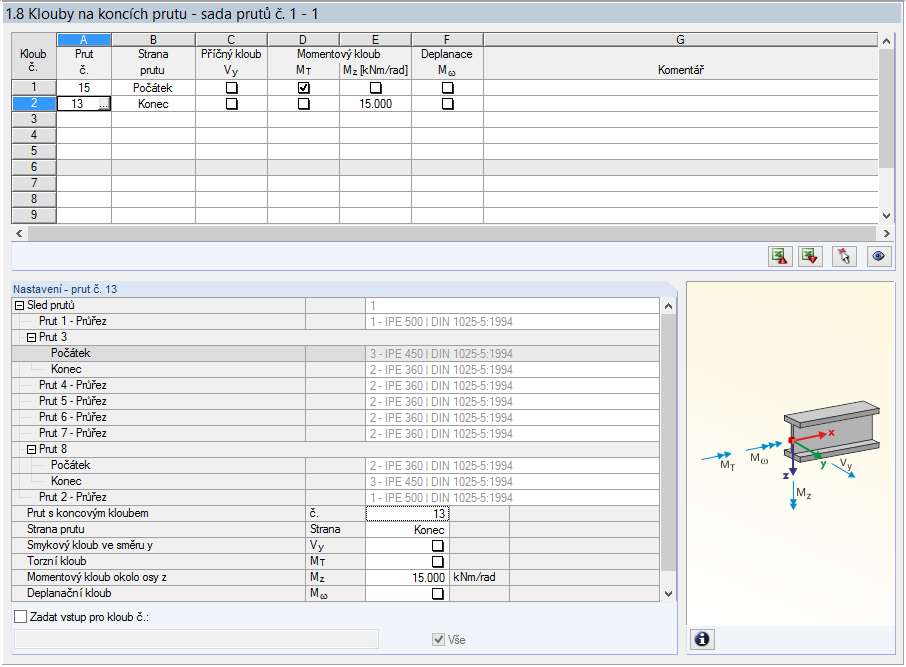 8 Klouby na koncích prutu - sady prutů Také tento dialog máme k dispozici pouze v případě, že jsme v dialogu 1.1 Základní údaje vybrali k posouzení alespoň jednu sadu prutů.