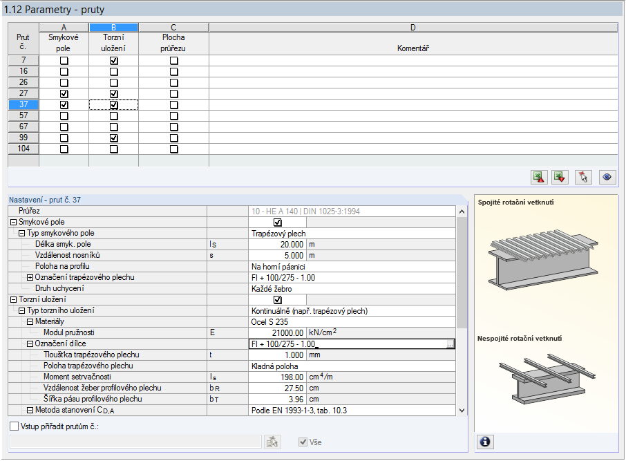 2 Vstupní data 2.11 Parametry - pruty Tento dialog slouží k zadání zvláštních údajů k nosníkům, které jsou bočně podepřeny plechy nebo vaznicemi (viz [3], čl. 10.1 a 10.3).