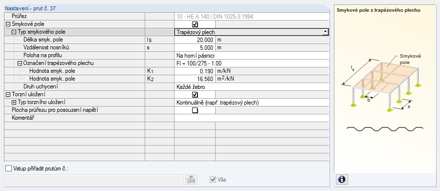 2 Vstupní data Smykové pole Pokud chceme zadat parametry ke smykovému poli, je třeba zaškrtnout políčko ve sloupci A v tabulce nebo v sekci Nastavení.