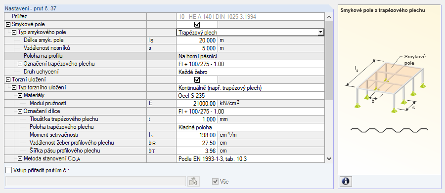 40: Výběr typu torzního uložení Kontinuální torzní uložení Pro výpočet tuhostních příspěvků trapézového profilu a deformace přípoje je třeba zadat následující údaje (viz obr. 2.