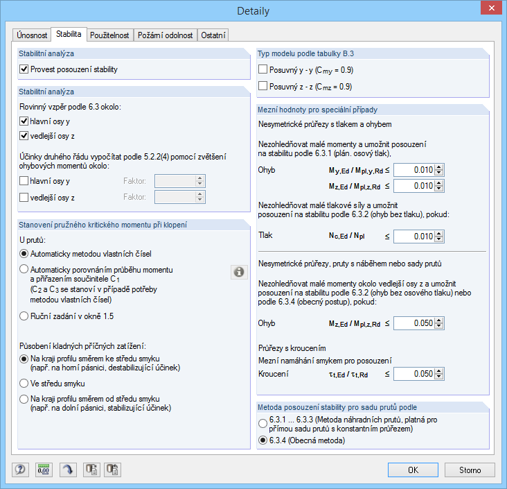 3 Výpočet 3.1.2 Stabilita Obr. 3.2: Dialog Detaily, záložka Stabilita Stabilitní analýza Zaškrtávací políčko Použít umožňuje rozhodnout, zda se má kromě posouzení průřezu provést také stabilitní analýza.