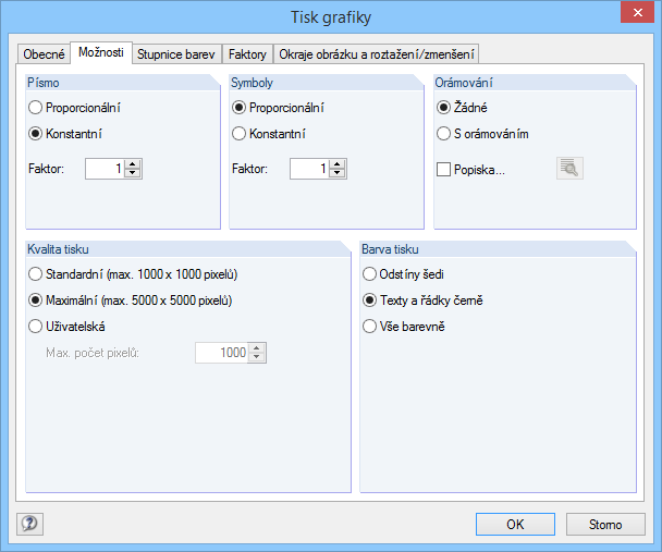 6 Výstup Obr. 6.3: Dialog Tisk grafiky, záložka Obecné Tento dialog popisujeme v kapitole 10.2 manuálu k hlavnímu programu RFEM. Zabýváme se v ní i ostatními dvěma záložkami Možnosti a Stupnice barev.