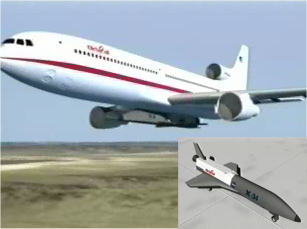 Obrázek 2: Letadlo L-1011 s připevněným X-33 na podvozku a detail X-34.