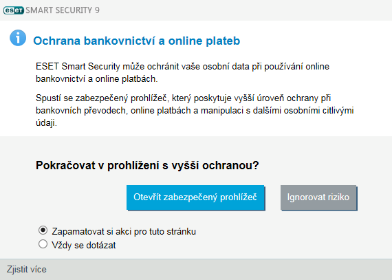 6.3.7 Ochrana bankovnictví a online plateb Ochrana bankovnictví a online plateb přidává další ochrannou vrstvu do internetového prohlížeče.