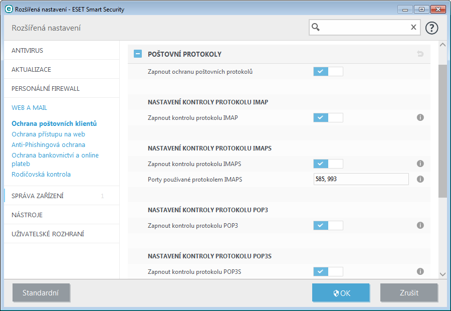 4.2.2.3 Upozornění a události Ochrana poštovních klientů zabezpečuje kontrolu poštovní komunikace přijímané prostřednictvím protokolu POP3 a IMAP.