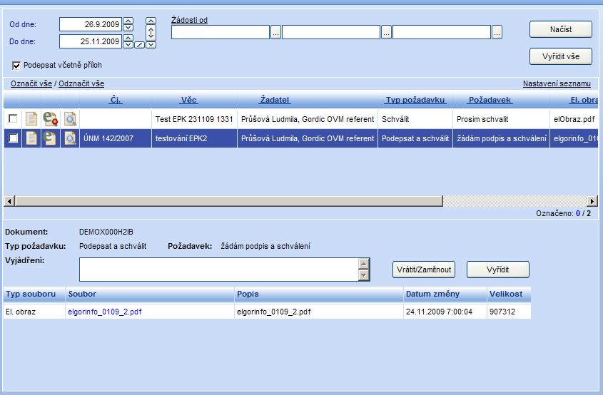 Pracovní panel je rozdělen do tří částí. Horní část horní část seznamu obsahuje dva základní filtry. Filtr dle datumového rozsahu a filtr dle osoby, které podala žádost.