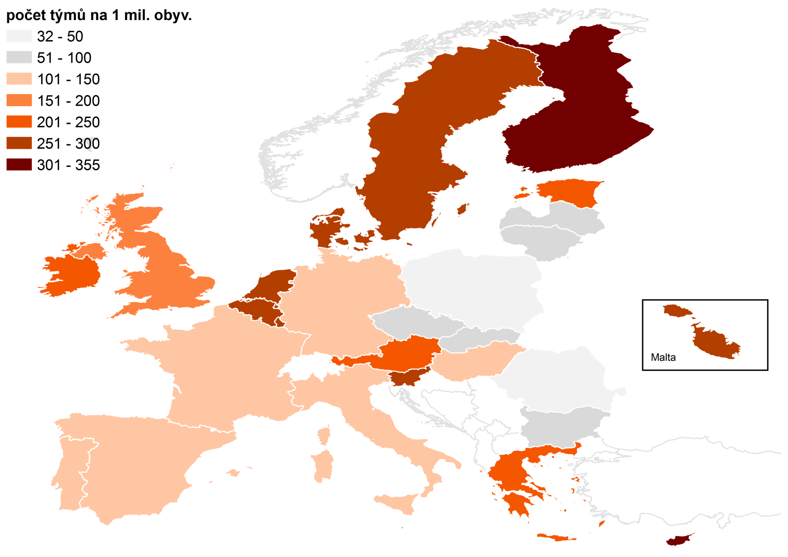 Účast EU v 7. RP dle počtu týmů na 1. mil. obyv.