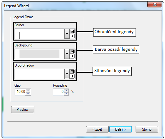 Obrázek 16. Legend Wizard krok 1 (průvodce legendou) V dalším okně (viz obrázek 17) se nastaví název legendy a parametry (velikost, barva, písmo) textu v legendě.