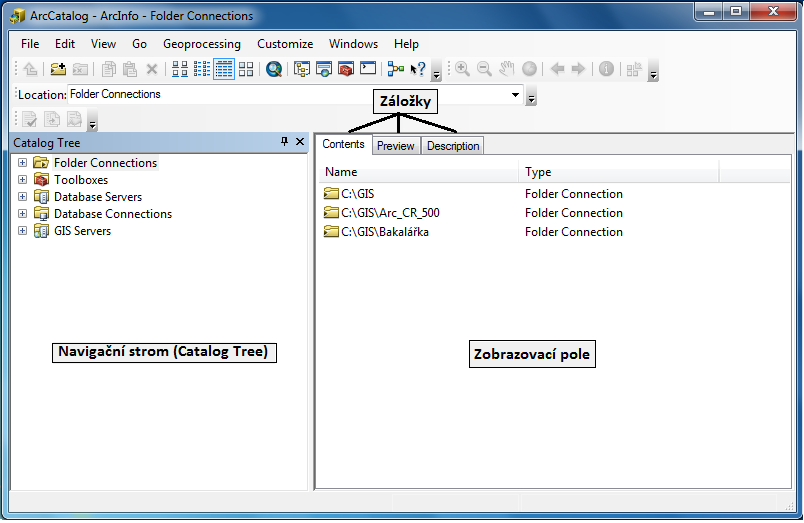 Cvičení 1. ArcCatalog Práce s ArcCatalogem Vytvoříte:» pracovní adresář Aplikace ArcCatalog, která je součástí ArcGIS, slouží k organizování a uspořádávání dat používaných v GIS.