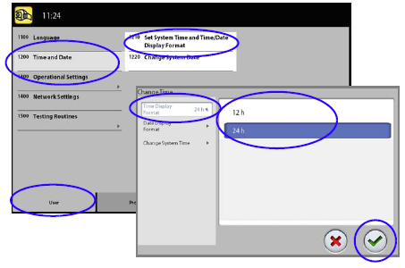 12 NASTAVENÍ 12.1 Uživatelské nastavení 12.1.1 Jazyk (1100) Změna jazyku: 1. Zvolte User > 1100 Language 2. Vyberte požadovaný jazyk 3. Klikněte na zelenou zaškrtávací značku 12.1.2 Čas a datum (1200) Nastavení času a formátu: 1.