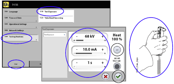 12 NASTAVENÍ 12.1.5 Testovací programy (1500) Testovací expozice: 1. Zvolte User > 1500 Test Routines > 1510 Test Exposure 2. Pomocí plus anebo mínus nastavte expoziční hodnoty. 3. Klikněte na SET 4.