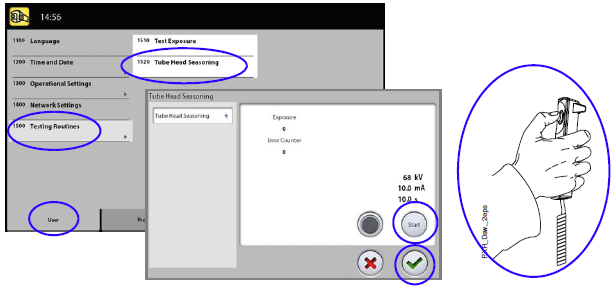 12 NASTAVENÍ Kalibrace rentgenky: 1. Zvolte User > 1500 Test Routines > 1520 Tube Head Seasoning Toto vám umožní zahřát rentgenku, tj. spustí kalibraci žhavícího napětí.