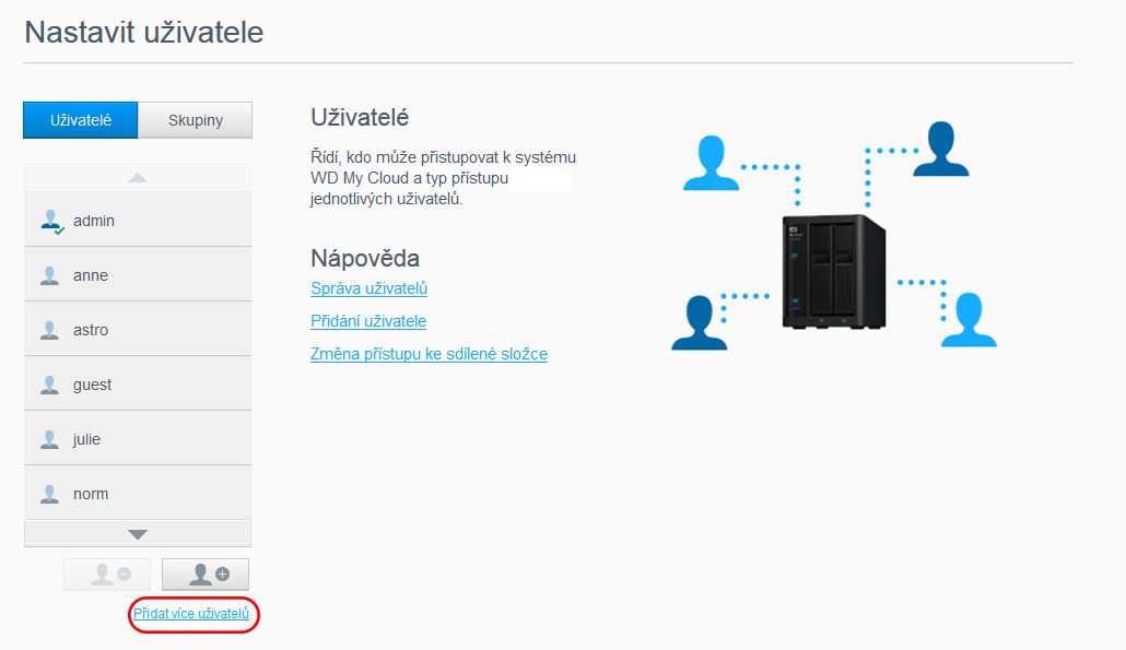 SPRÁVA UŽIVATELŮ A SDÍLENÝCH SLOŽEK Přidání jednoho uživatele Správce přidává uživatelské účty a nastavuje parametry sdílených složek, ke kterým má uživatel přístup.