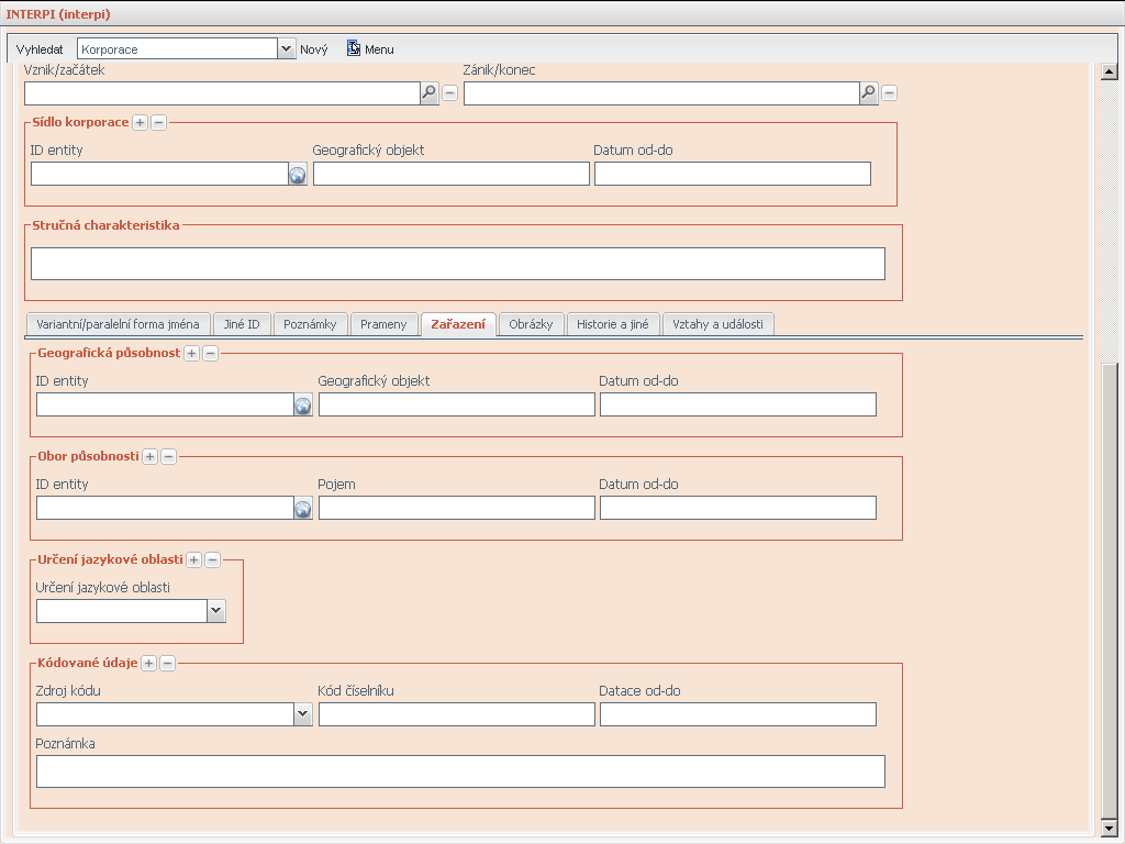 Obr. 6: Prototyp webového rozhraní: editační formulář pro korporaci - identifikační