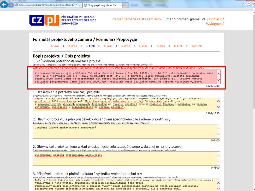 překročí povolený počet znaků, je na tuto skutečnost po kliknutí na tlačítka Průběžně uložit nebo