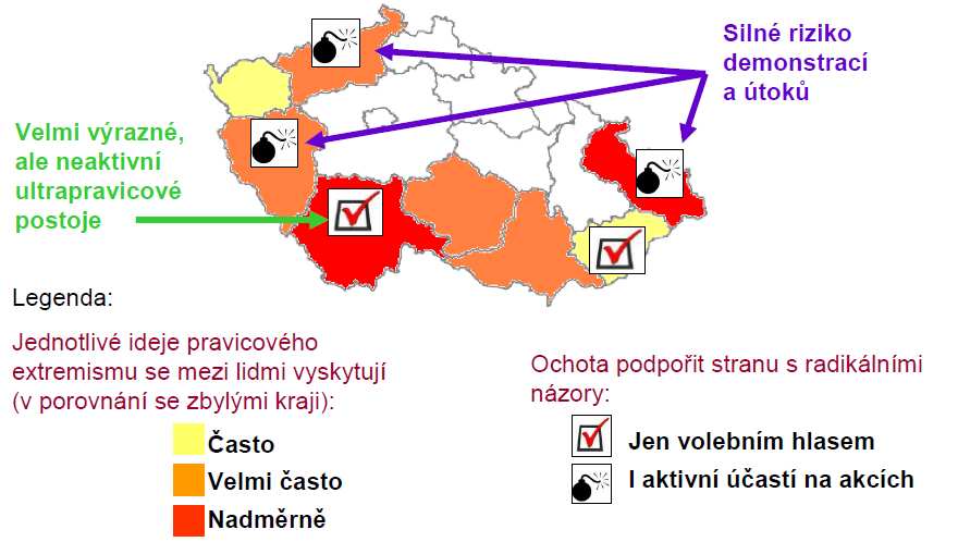 Mapka sympatií k pravicovému extremismu podle krajů Prognóza vývoje V této pasáži vycházeli sociologové z odhadů expertů a mínění veřejnosti.