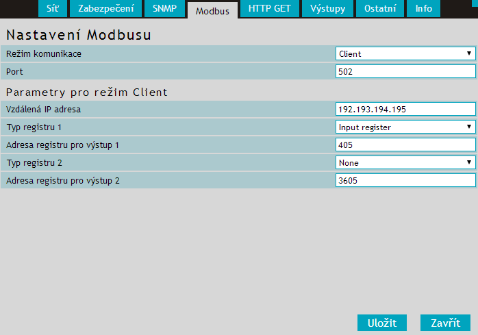 M O D B U S Zde se nastavují parametry pro komunikaci protokolem Modbus TCP. obr.