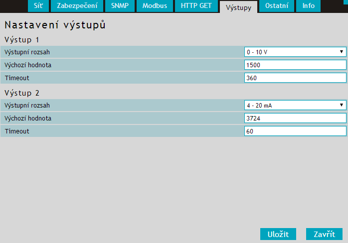 V ý s t u p y Zde se nastavují rozsahy výstupů, jejich výchozí hodnoty a také doba od zadání poslední hodnoty, po které přejdou automaticky do výchozího stavu. Výstupní rozsah obr.