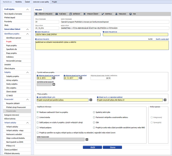 1.5.2 Projekt Na záložce Projekt žadatel vyplní Název projektu CZ, Anotaci Projektu, ve které stručně popíše předmět předkládaného projektového záměru, ze kterého bude jednoznačně patrné zaměření