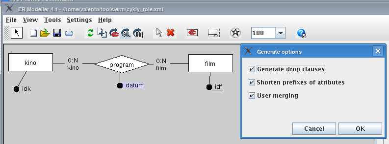 Vztah M:N v ER modeláři (1/2) Create table kino ( idk Integer Not Null, Constraint PK_kino Primary Key (idk)); Create table film ( idf Integer Not Null, Constraint PK_film Primary Key (idf)); Create