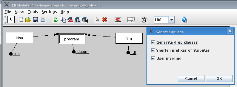 Vztah M:N v ER modeláři 2/2 Create table kino ( idk Integer Not Null, Constraint PK_kino Primary Key (idk)); Create table film ( idf Integer Not Null, Constraint PK_film Primary Key (idf)); Create