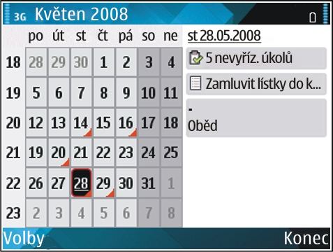 Chcete-li změnit výchozí zobrazení, zvolte Volby > Nastavení > Výchozí zobrazení. Zobrazení informací kalendáře V zobrazení měsíce jsou záznamy kalendáře označeny trojúhelníčkem.