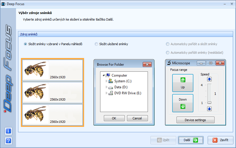 Použití modulu Deep Focus 3.4 Modul Deep Focus 3.4 může být použit čtyřmi způsoby: 1. Složení snímků vybraných v Panelu náhledů 2. Složení uložených snímků 3. Automatické pořízení a složení řezů 4.
