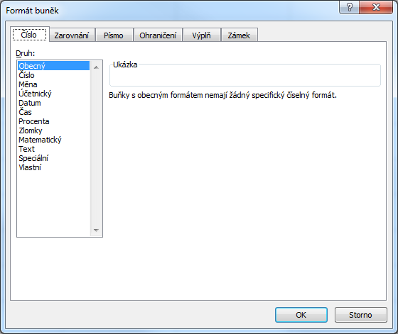 Pokročilé použití MS Excel při tvorbě elektronických výukových materiálů 10 Datové typy, na jejichž vložení lze formátovat buňky uvádí další obrázek.