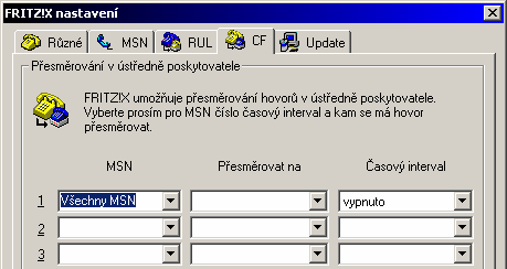6.7 Přesměrování volání- registrační karta CF Pomocí tohoto přesměrování je možno provést na pobočkách přesměrování příchozích hovorů na externí čísla.