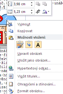 Vkládání objektů vybereme Kopírovat a po přepnutí zpět do Wordu a kliknutí na tlačítko Vložit (Ctrl+V, ) se obrázek vloží na pozici kurzoru do dokumentu (obrázek máme ve schránce, můžeme ho použít