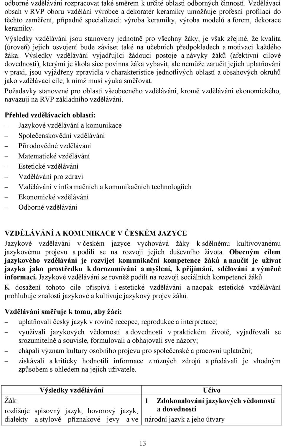 Výsledky vzdělávání jsou stanoveny jednotně pro všechny žáky, je však zřejmé, že kvalita (úroveň) jejich osvojení bude záviset také na učebních předpokladech a motivaci každého žáka.