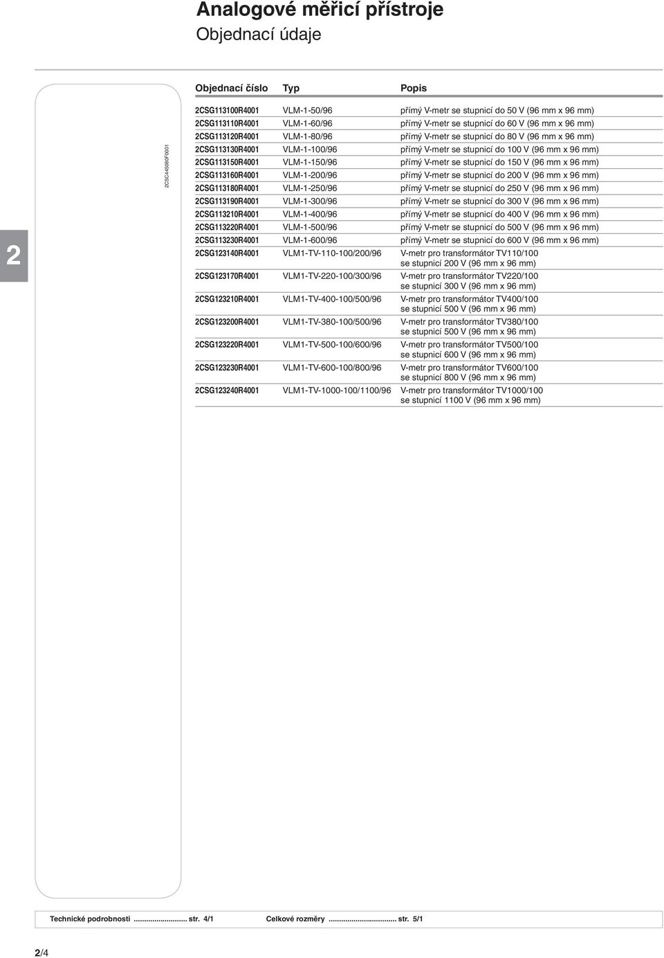 2CSG113150R4001 VLM-1-150/96 přímý V-metr se stupnicí do 150 V (96 mm x 96 mm) 2CSG113160R4001 VLM-1-200/96 přímý V-metr se stupnicí do 200 V (96 mm x 96 mm) 2CSG113180R4001 VLM-1-250/96 přímý V-metr