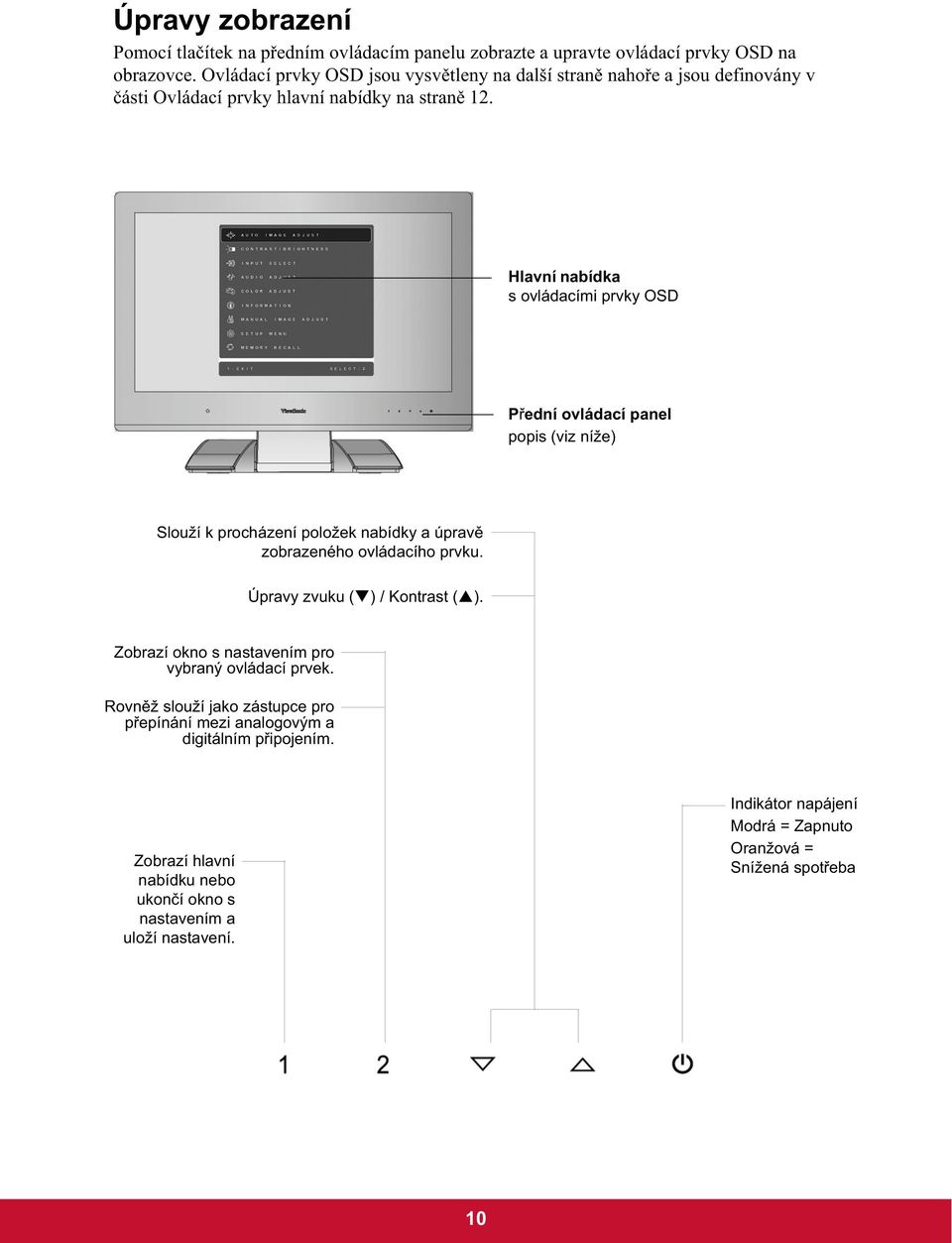 Hlavní nabídka s ovládacími prvky OSD P ední ovládací panel popis (viz níže) Slouží k procházení položek nabídky a úprav zobrazeného ovládacího prvku.