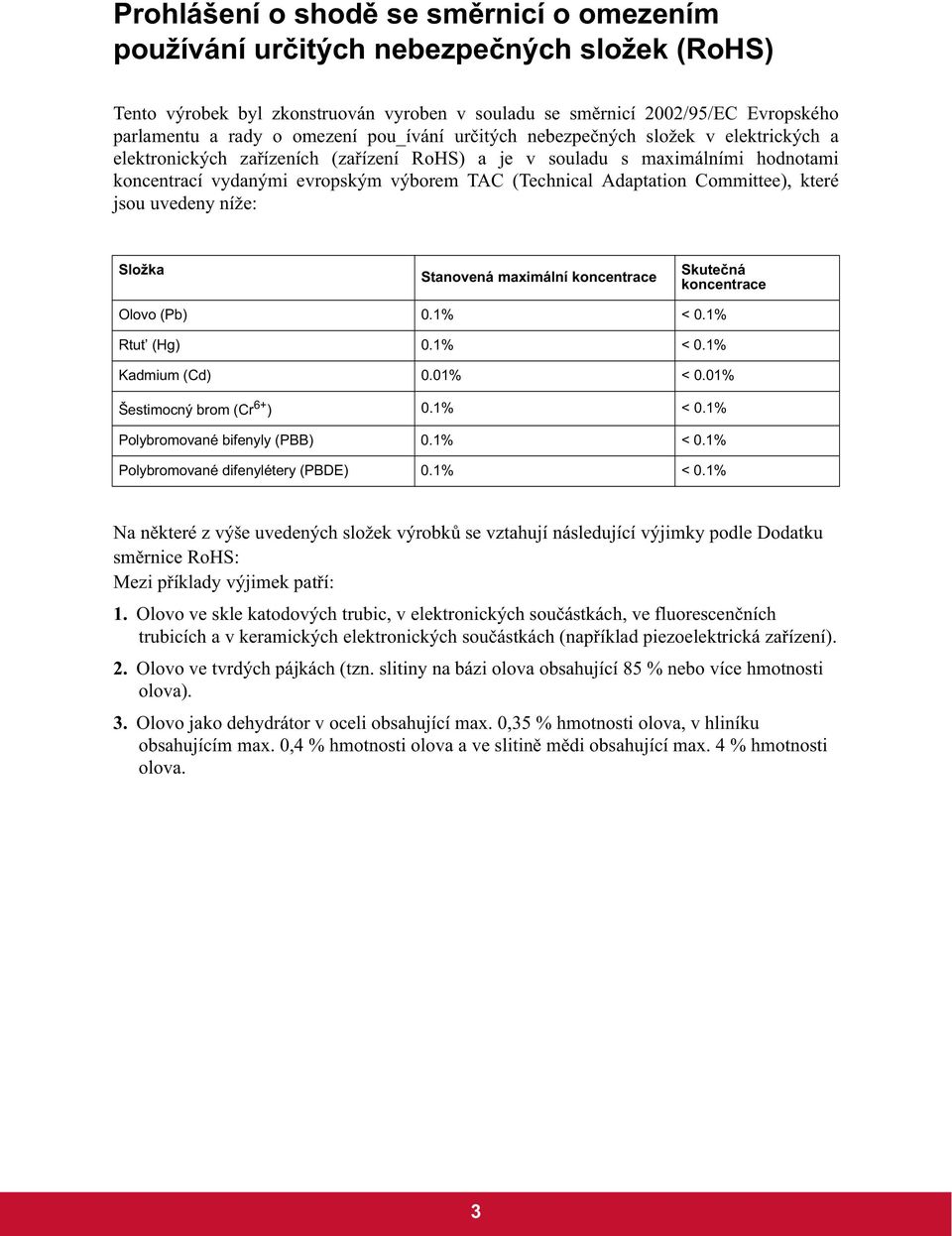 Adaptation Committee), které jsou uvedeny níže: Složka Stanovená maximální koncentrace Skute ná koncentrace Olovo (Pb) 0.1% < 0.1% Rtut (Hg) 0.1% < 0.1% Kadmium (Cd) 0.01% < 0.