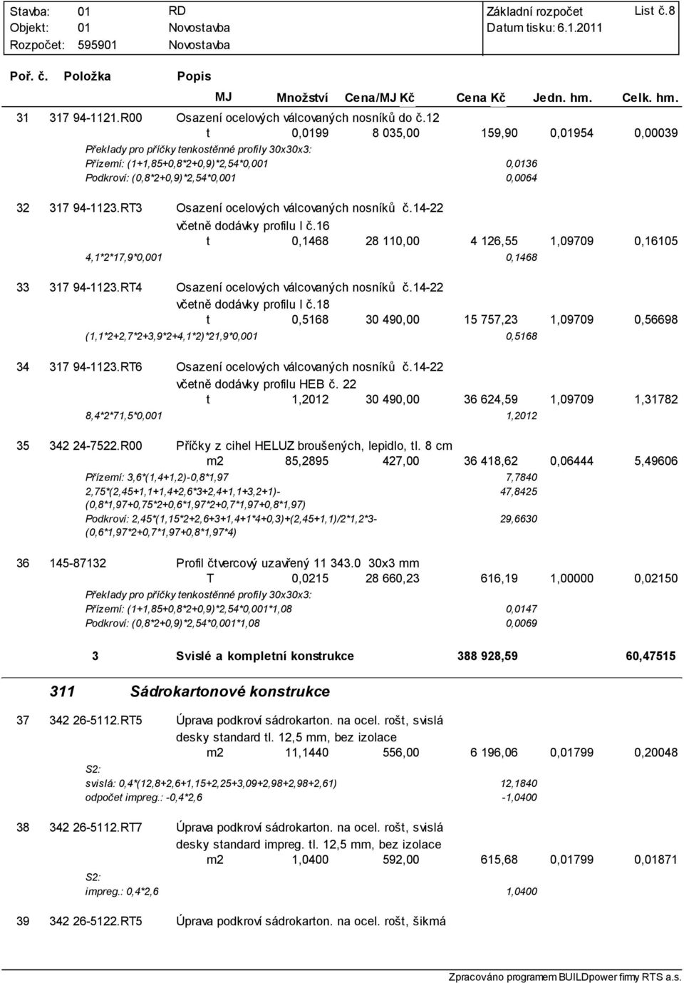 RT3 Osazení ocelových válcovaných nosníků č.14-22 včetně dodávky profilu I č.16 t 0,1468 28 110,00 4 126,55 1,09709 0,16105 4,1*2*17,9*0,0 0,1468 33 317 94-1123.