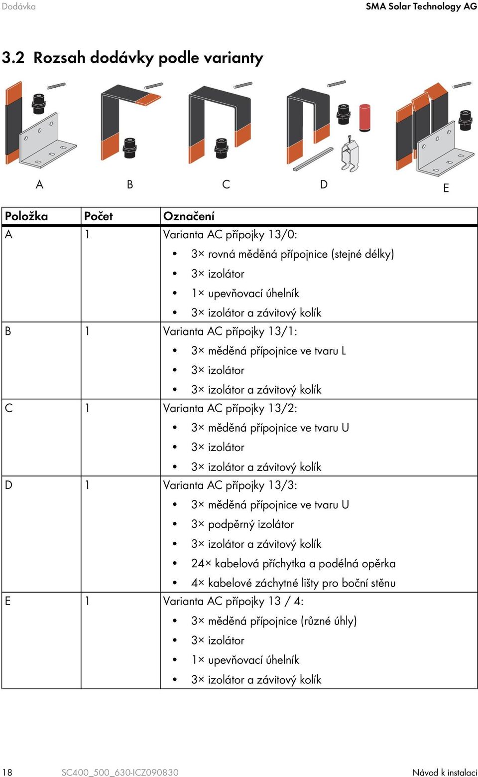 1 Varianta AC přípojky 13/1: 3 měděná přípojnice ve tvaru L 3 izolátor 3 izolátor a závitový kolík C 1 Varianta AC přípojky 13/2: 3 měděná přípojnice ve tvaru U 3 izolátor 3 izolátor a