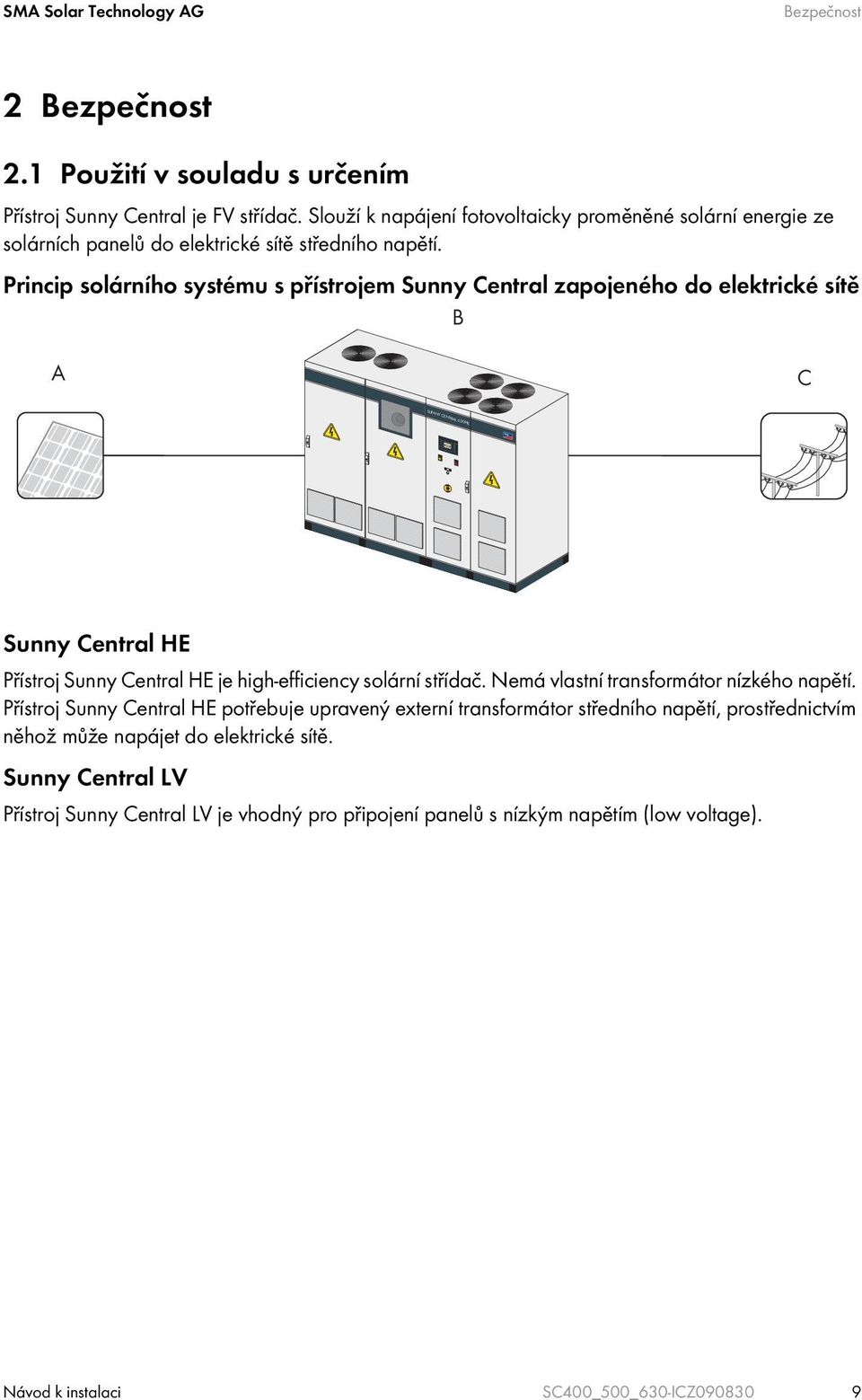 Princip solárního systému s přístrojem Sunny Central zapojeného do elektrické sítě B A C SUNNY CENTRAL 630HE Sunny Central HE Přístroj Sunny Central HE je high-efficiency solární