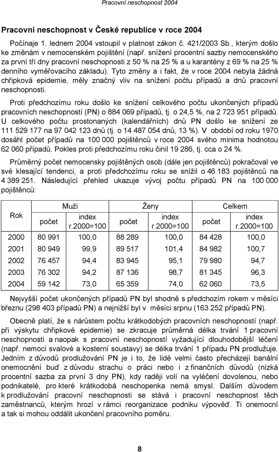 Tyto změny a i fakt, že v roce 2004 nebyla žádná chřipková epidemie, měly značný vliv na snížení počtu případů a dnů pracovní neschopnosti.